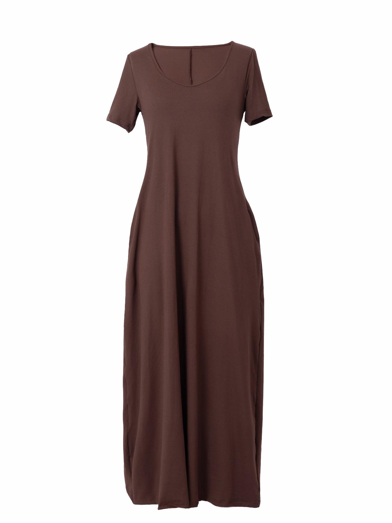 Women's Long Coffee Color Loungewear Dress, Casual Fitted Style, Large Round Neck Short Sleeve Pocket Sleepwear, Soft Fabric Everyday All Seasons Wear