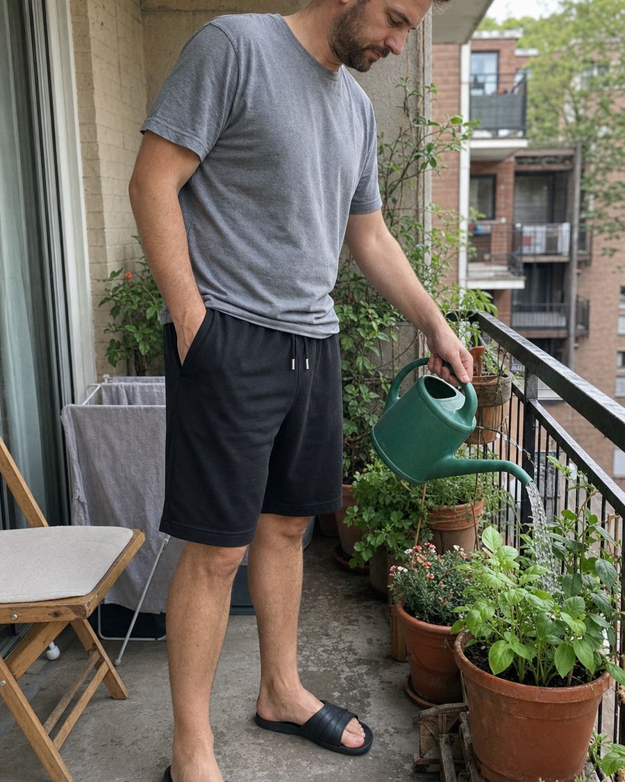 Black cotton jersey lounge shorts worn while watering balcony plants