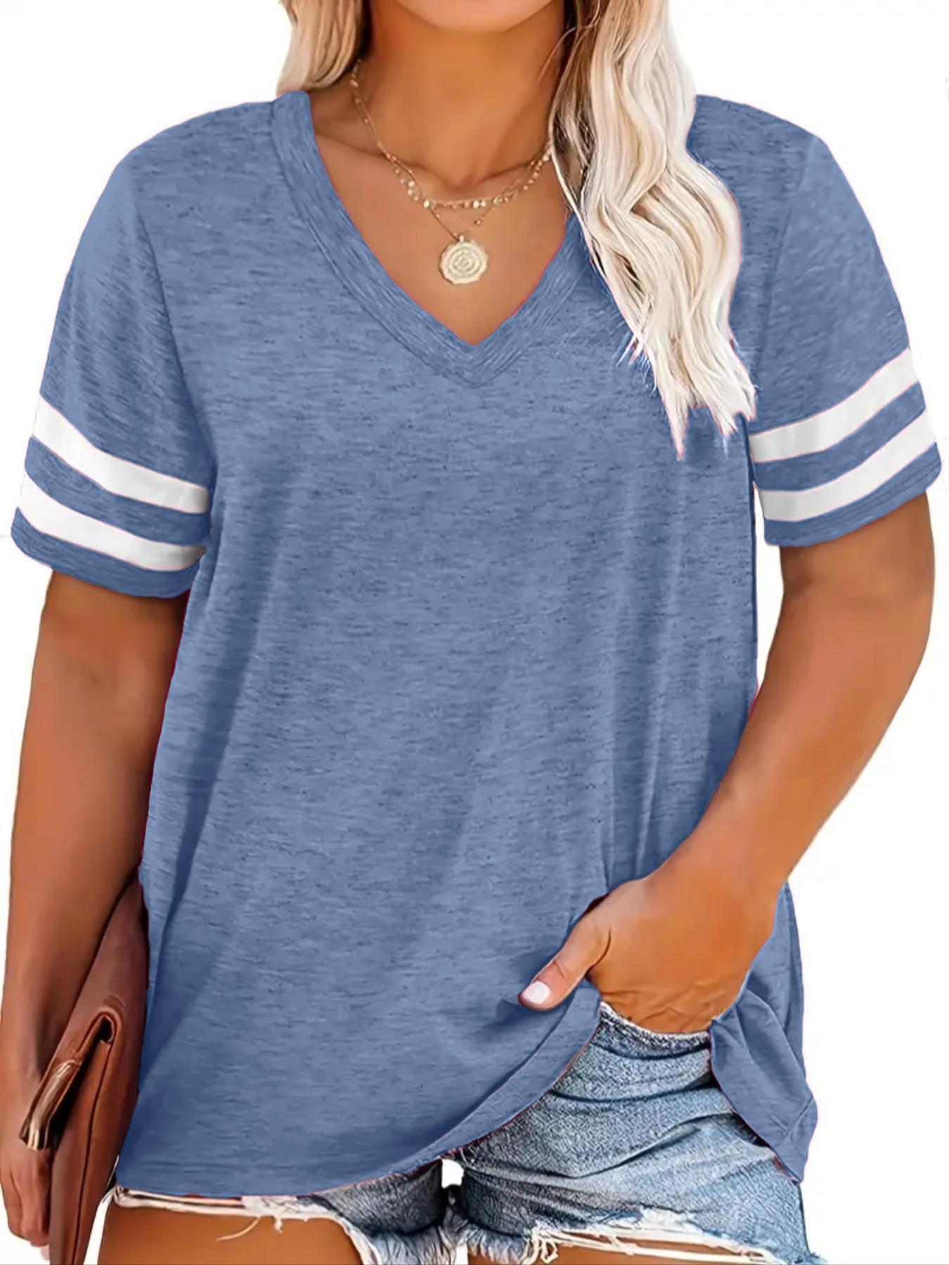 Plus Size Contrast Striped Print V Neck Tee, Casual Short Sleeve T-shirt for Summer, Women's Plus Clothing for Daily Wear, Everyday Cute Tops