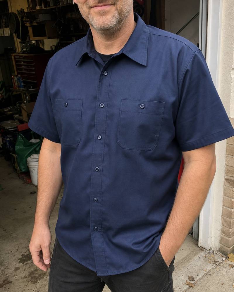 Industrial work shirt photographed at a home garage doorway