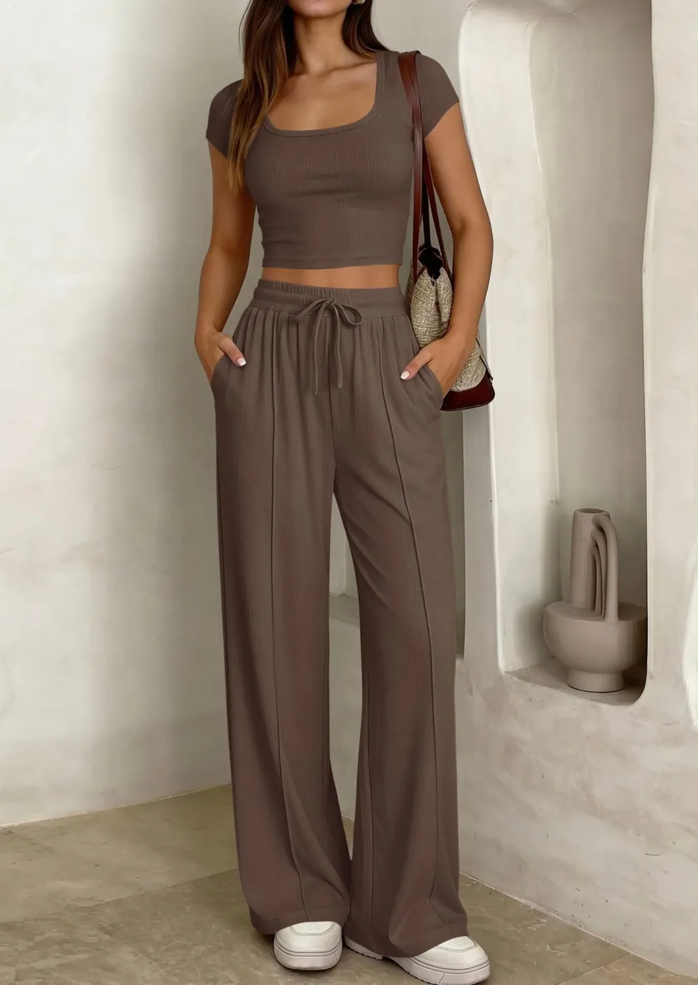 Women's 2 Piece Outfits Square Neck Crop Top High Waist Wide Leg Pants Loungewear Set
