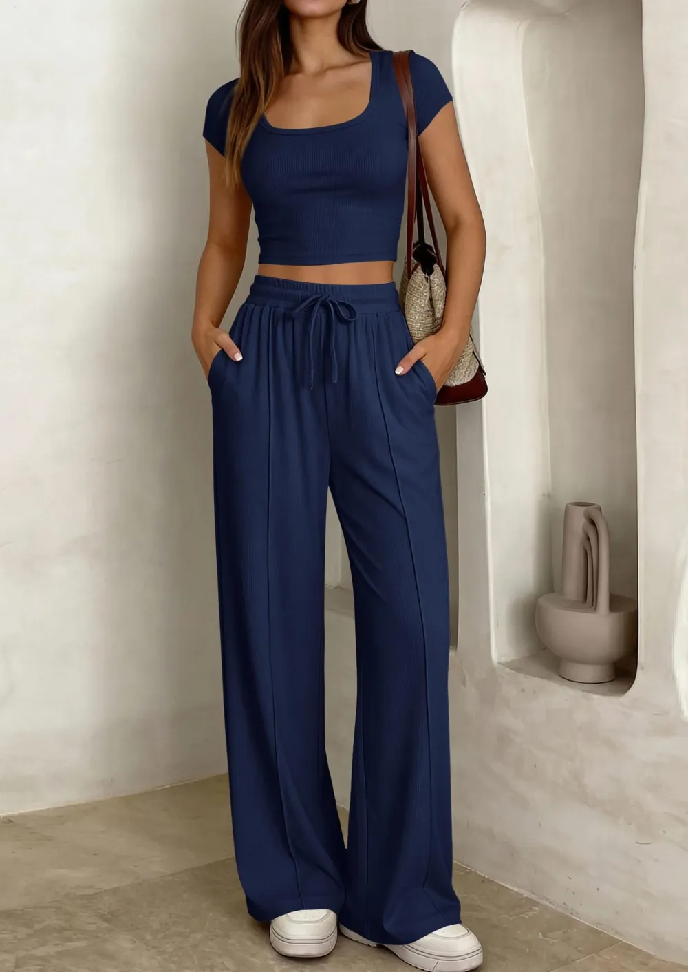 Women's 2 Piece Outfits Square Neck Crop Top High Waist Wide Leg Pants Loungewear Set