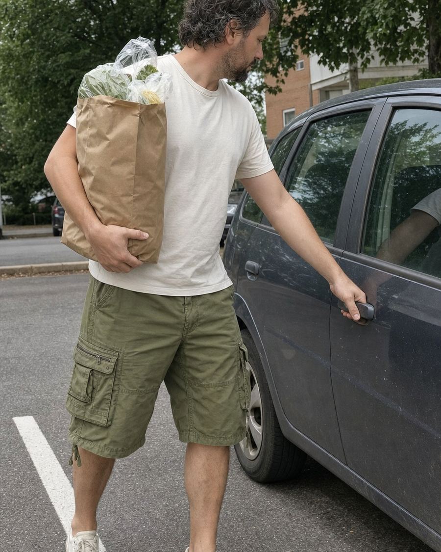 Summer loose fit cargo shorts worn while carrying produce through a neighborhood market