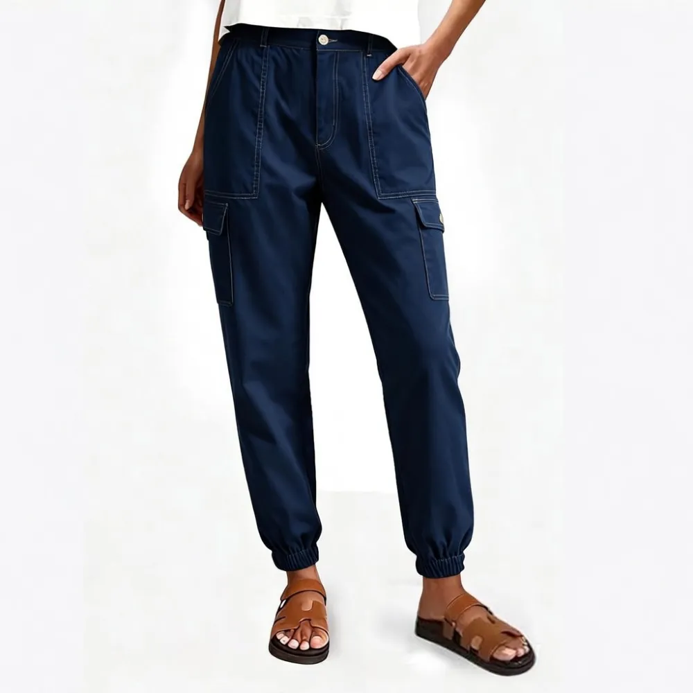 Lightweight Cotton-Blend Cargo Joggers for Women – Elastic Cuff Utility Pants