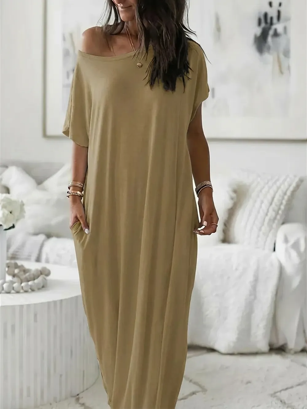 Women's Casual Off-Shoulder Maxi Dress with Pockets
