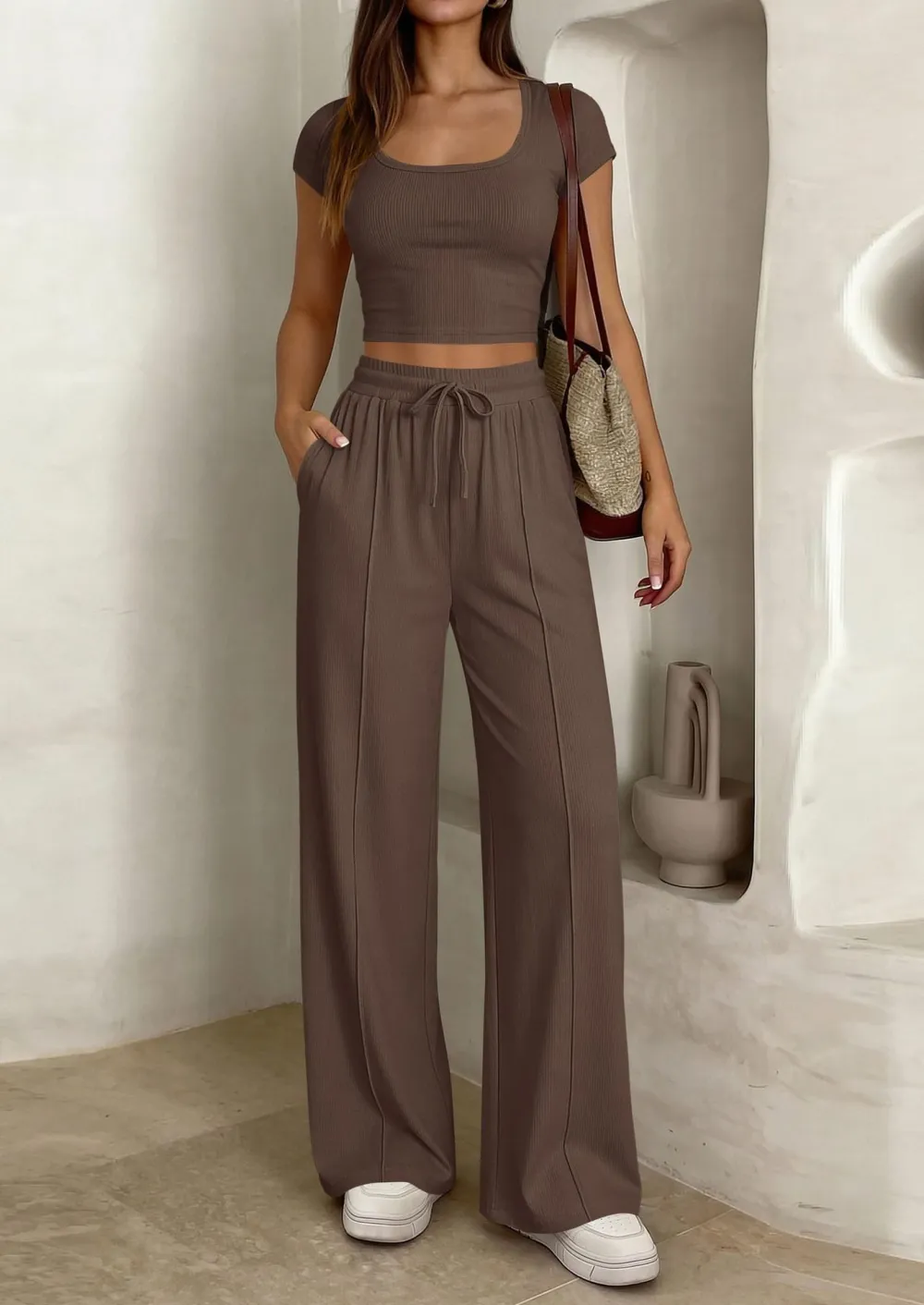 Women's 2 Piece Outfits Square Neck Crop Top High Waist Wide Leg Pants Loungewear Set