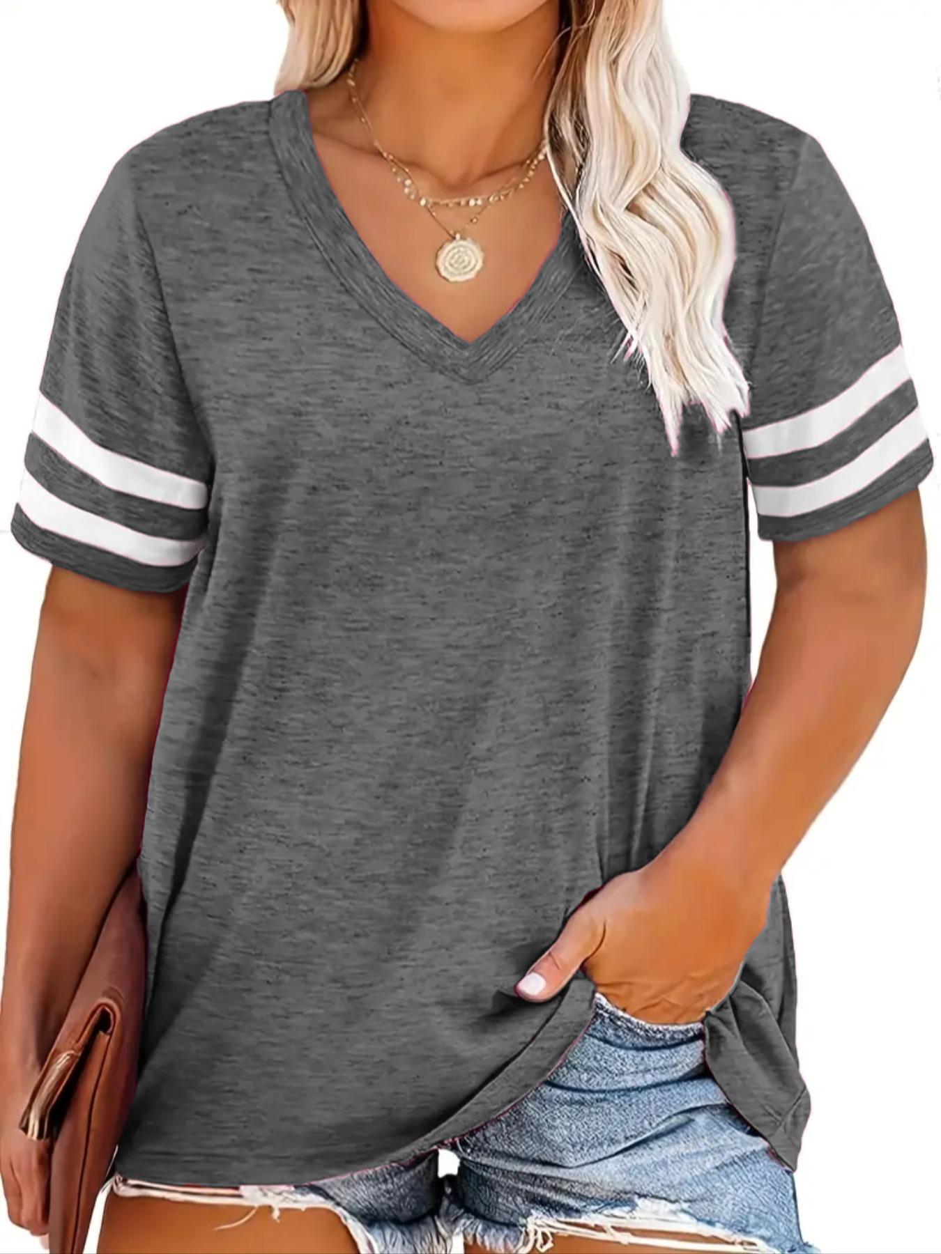 Plus Size Contrast Striped Print V Neck Tee, Casual Short Sleeve T-shirt for Summer, Women's Plus Clothing for Daily Wear, Everyday Cute Tops