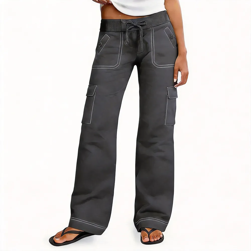 Women's Wide Leg Cargo Pants - Stretchy Waist Casual Workwear with Contrast Stitching