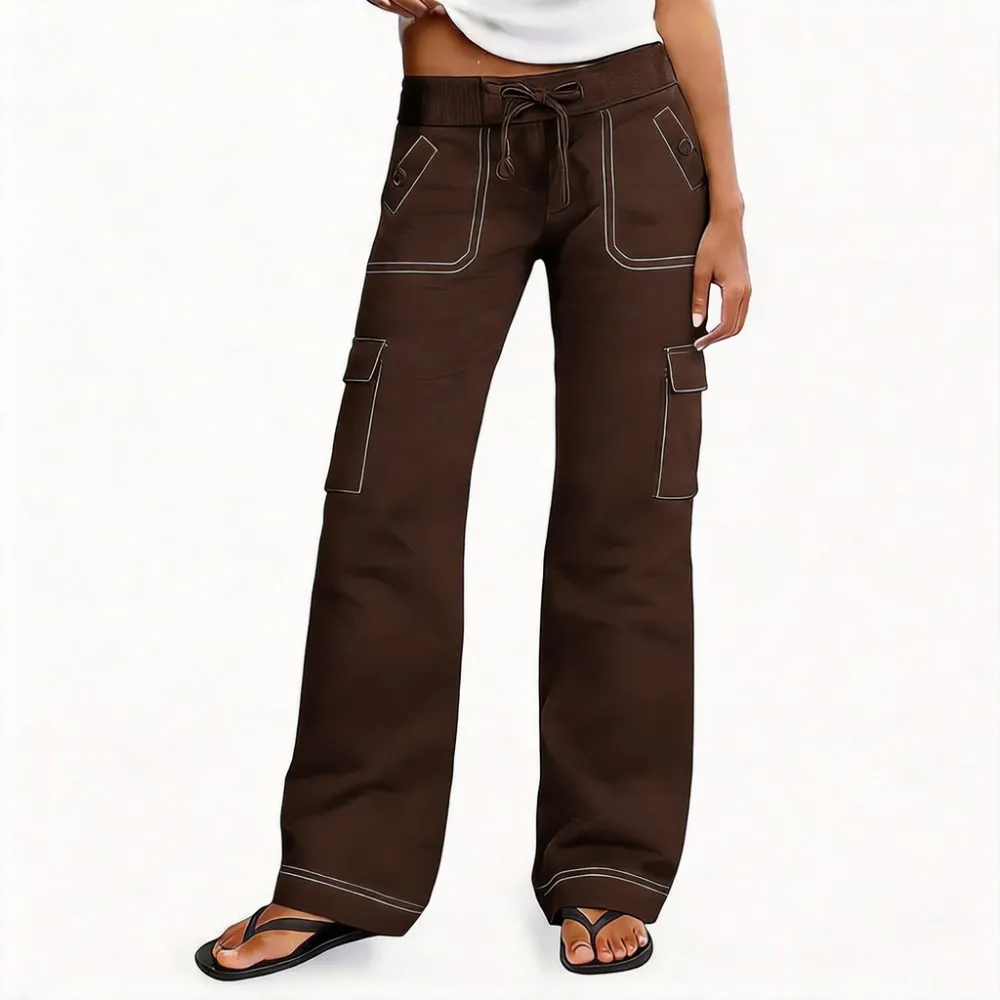 Women's Wide Leg Cargo Pants - Stretchy Waist Casual Workwear with Contrast Stitching