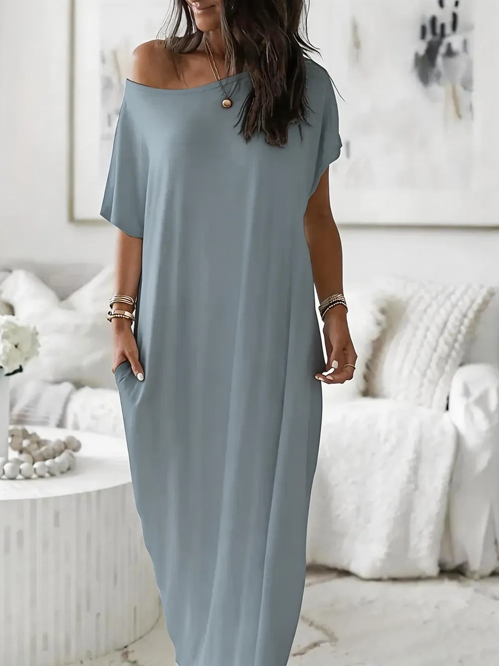Women's Casual Off-Shoulder Maxi Dress with Pockets