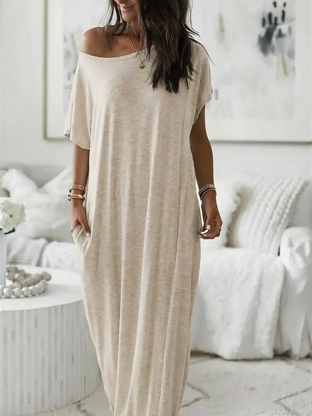 Women's Casual Off-Shoulder Maxi Dress with Pockets