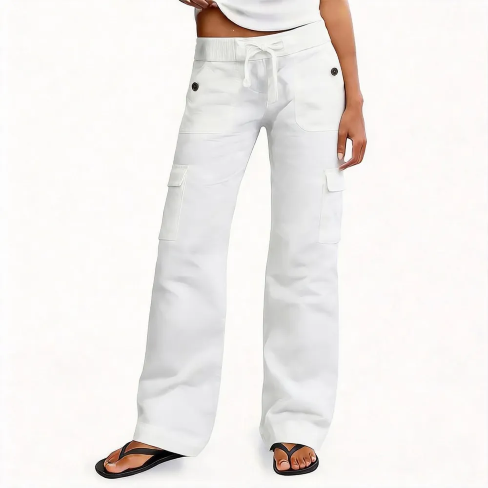 Women's Wide Leg Cargo Pants - Stretchy Waist Casual Workwear with Contrast Stitching