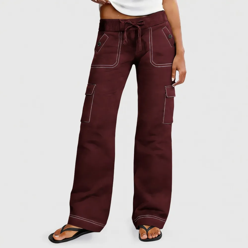 Women's Wide Leg Cargo Pants - Stretchy Waist Casual Workwear with Contrast Stitching