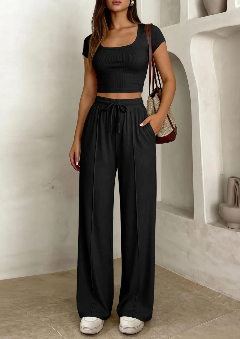 Women's 2 Piece Outfits Square Neck Crop Top High Waist Wide Leg Pants Loungewear Set
