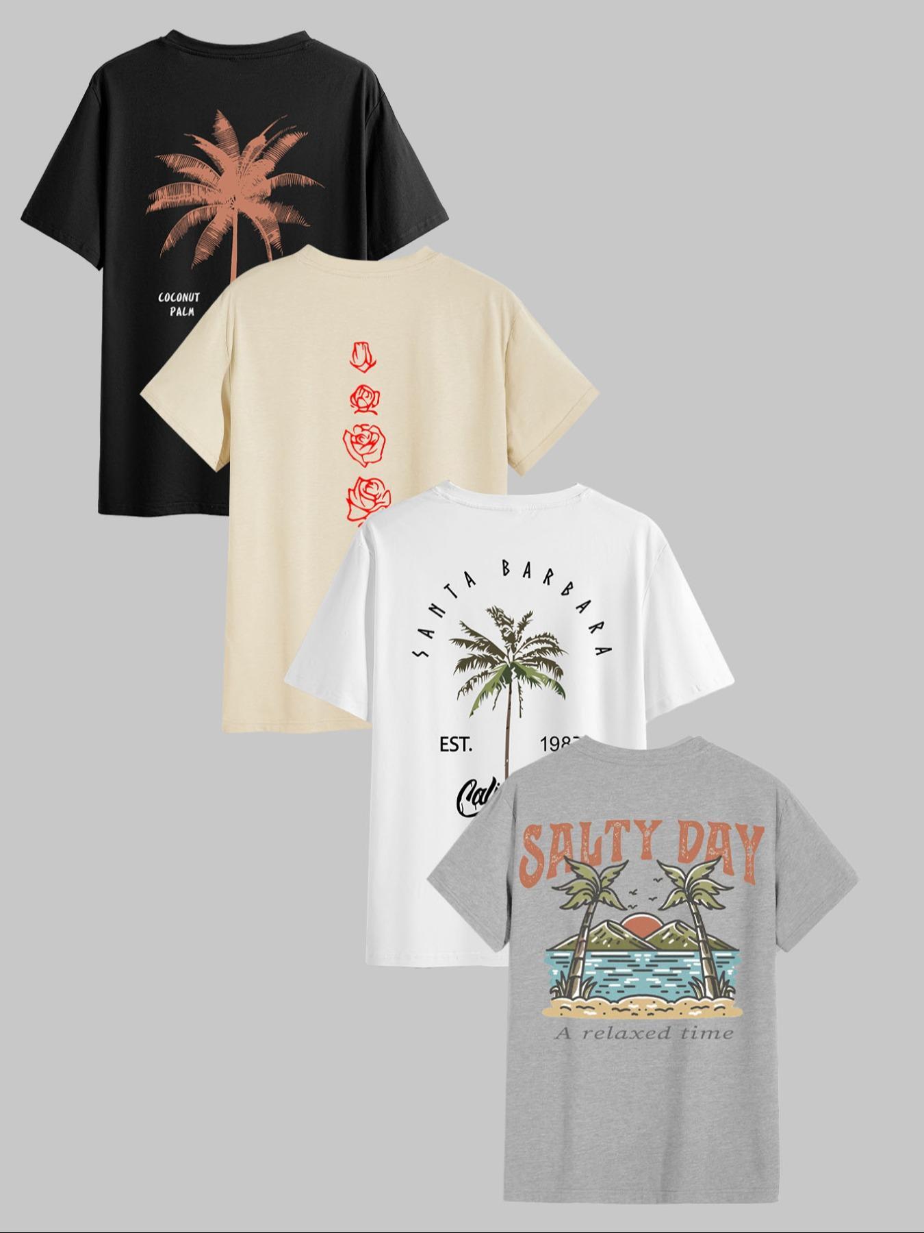 Men's Letter & Tropical Palm Tree Print Short Sleeve Loungewear Tee, Casual Comfy Round Neck T-shirt for Daily Wear, Men's Sleepwear & Loungewear for All Seasons