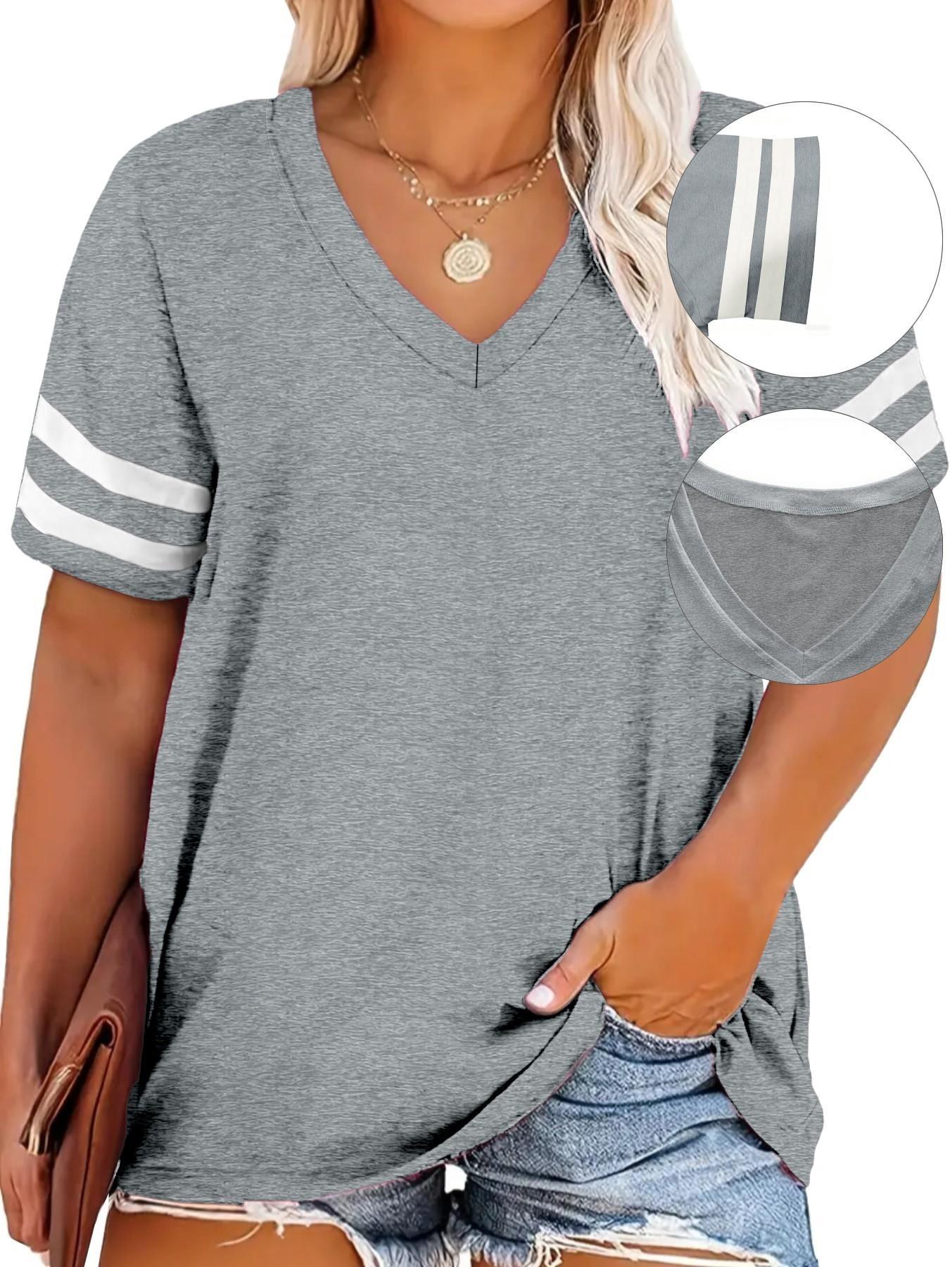 Plus Size Contrast Striped Print V Neck Tee, Casual Short Sleeve T-shirt for Summer, Women's Plus Clothing for Daily Wear, Everyday Cute Tops
