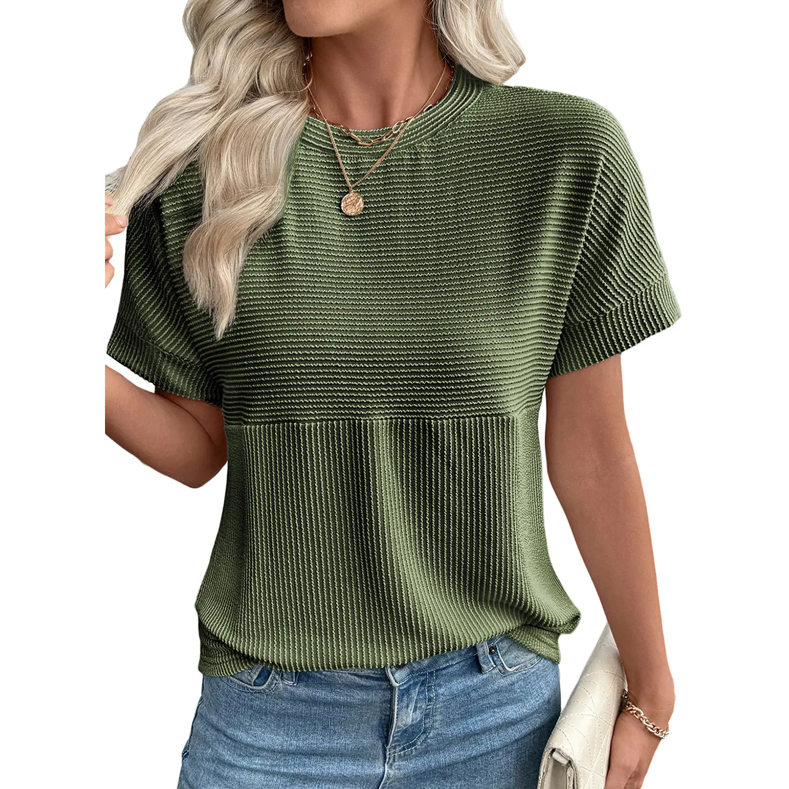 Women's Solid Short Sleeve T Shirts Tops Ribbed Knit Striped Crewneck Casual Loose Fit T Shirts 2026 Womenswear Summer Outfits Summer vibes Swim Week