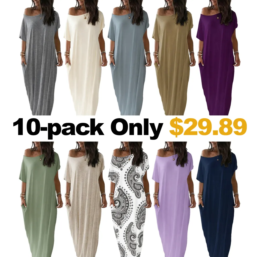 Women's Casual Off-Shoulder Maxi Dress with Pockets