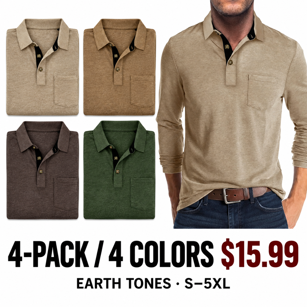 4-Pack (Earth Tones), men's long sleeve pocket polos, $15.99 per pack, sizes S to 5XL. Colors: Khaki, Brown, Dark Brown, Dark Green.