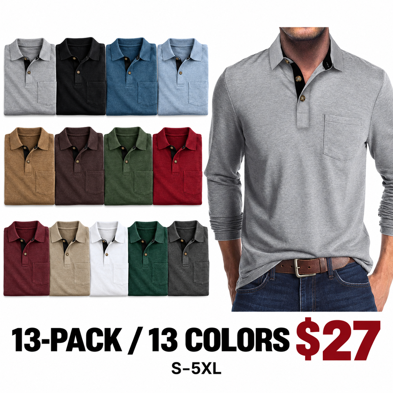 13-pack, 13 colors of men's long sleeve pocket polos, $27 per pack, S to 5XL
