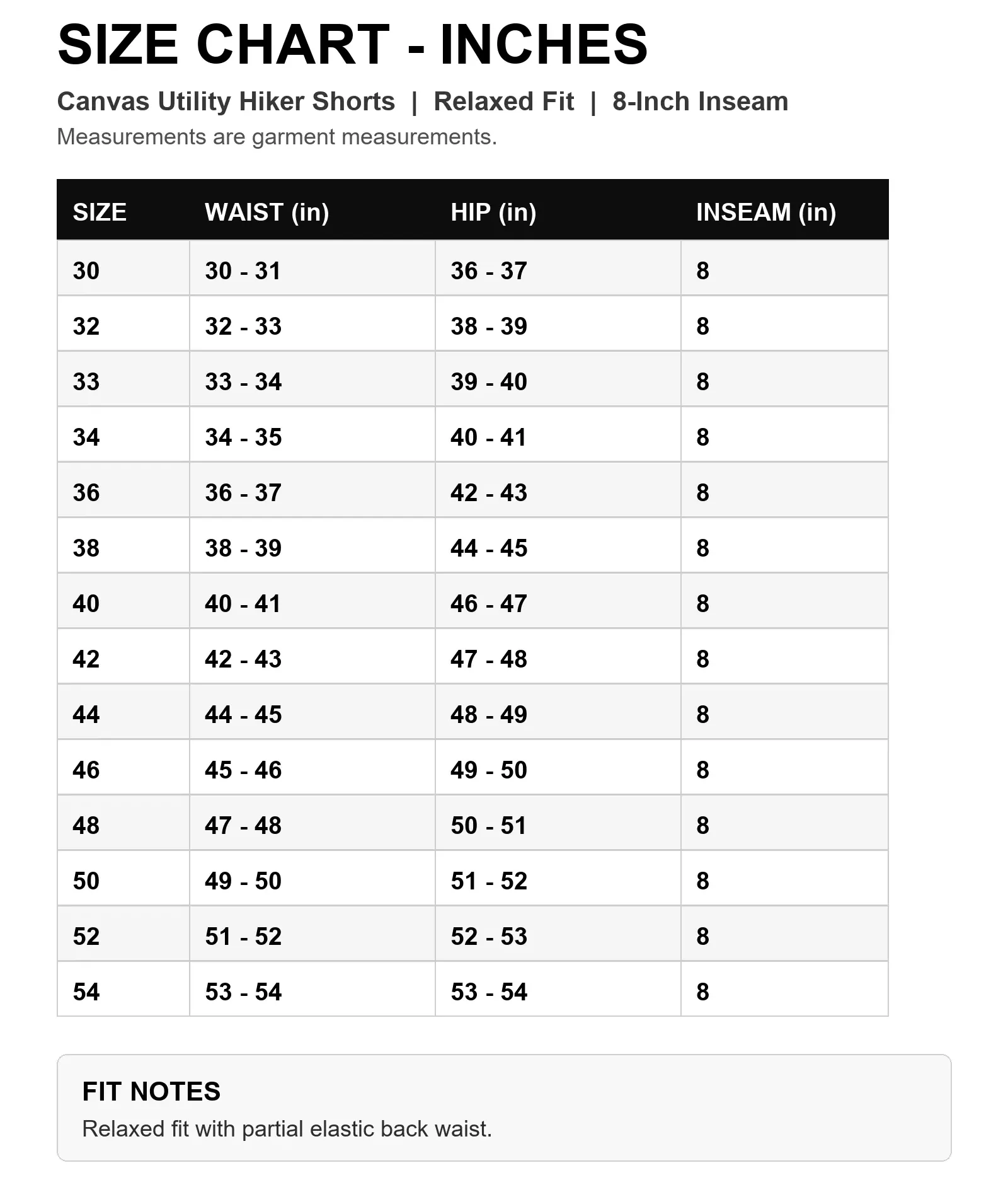 Canvas utility hiker shorts size chart in inches