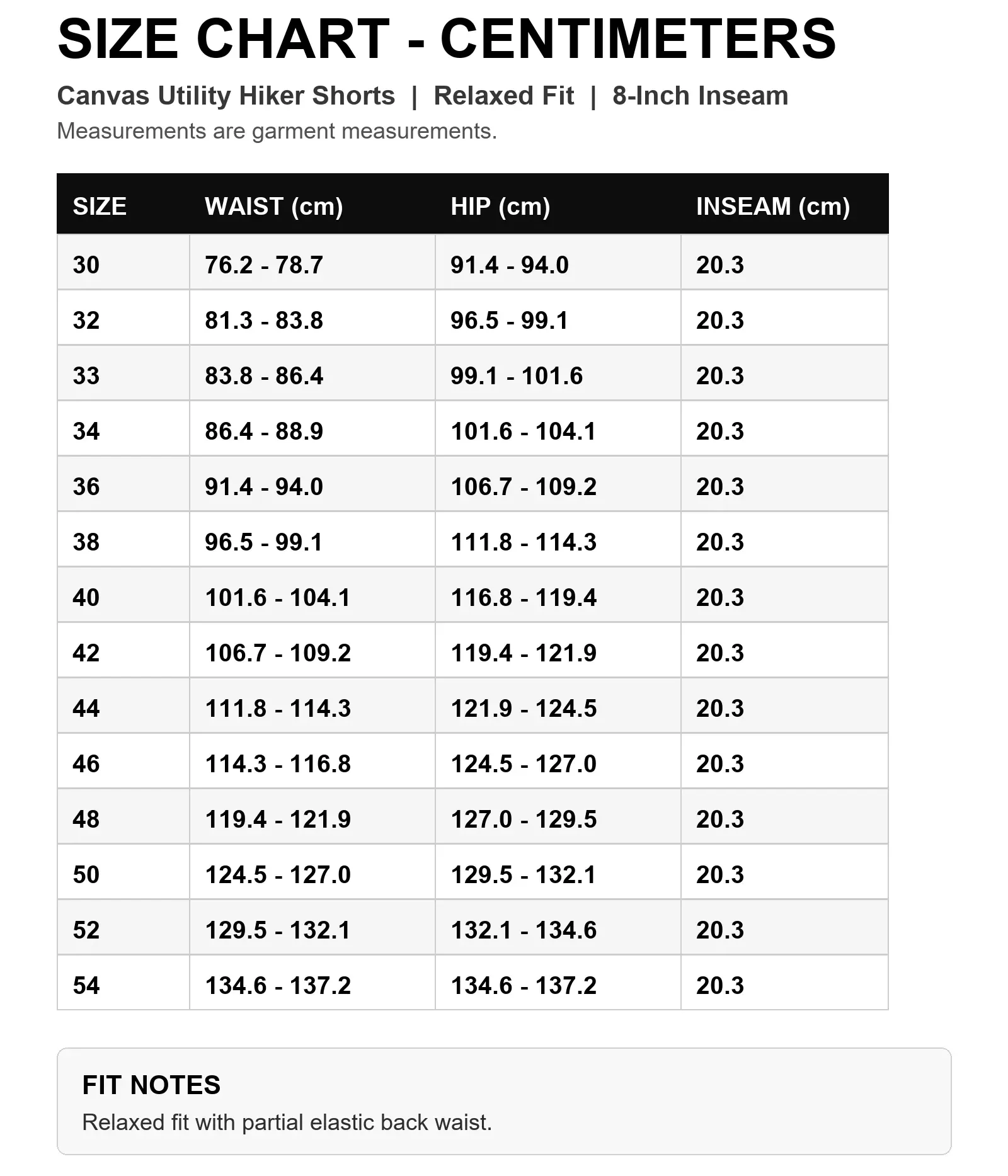 Canvas utility hiker shorts size chart in centimeters