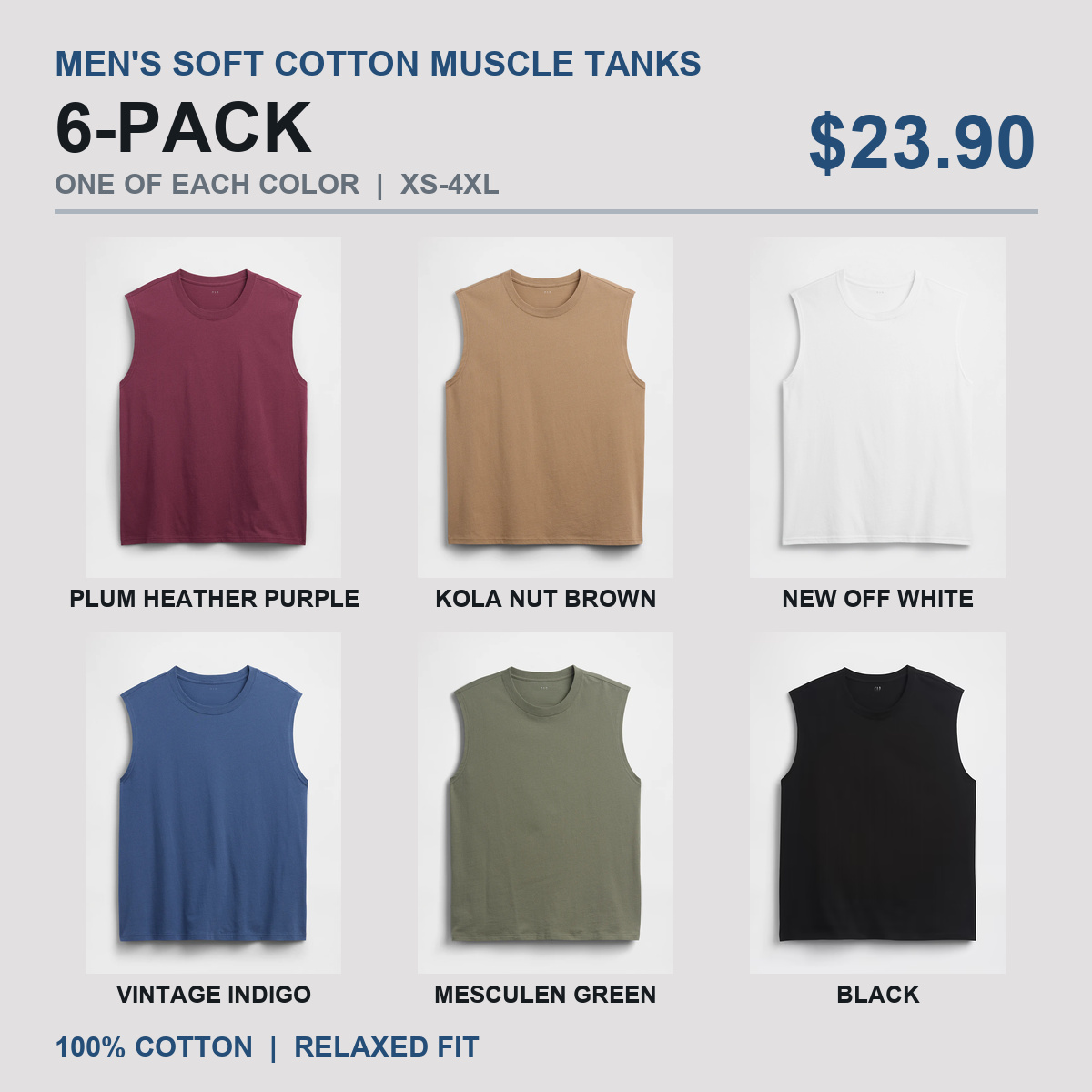 Six-color men's cotton muscle tank 6-pack