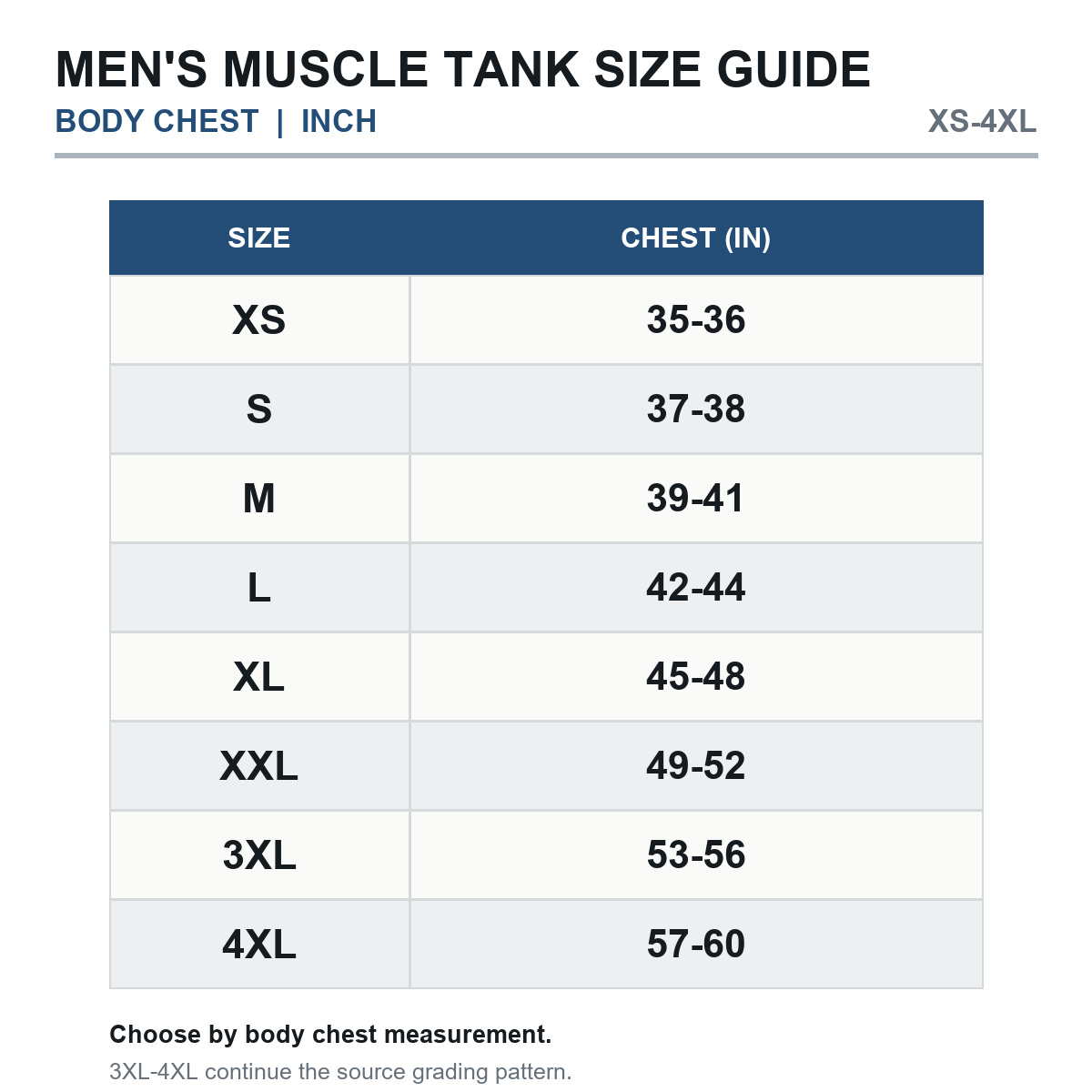 Men's muscle tank size guide in inches XS through 4XL