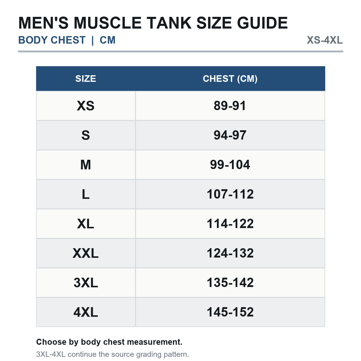 Men's muscle tank size guide in centimeters XS through 4XL