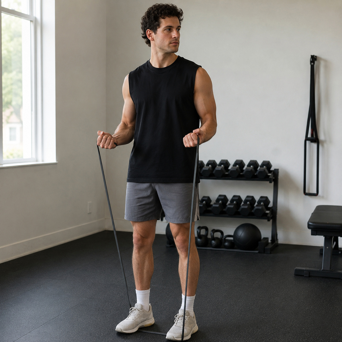 Black muscle tank worn for light training