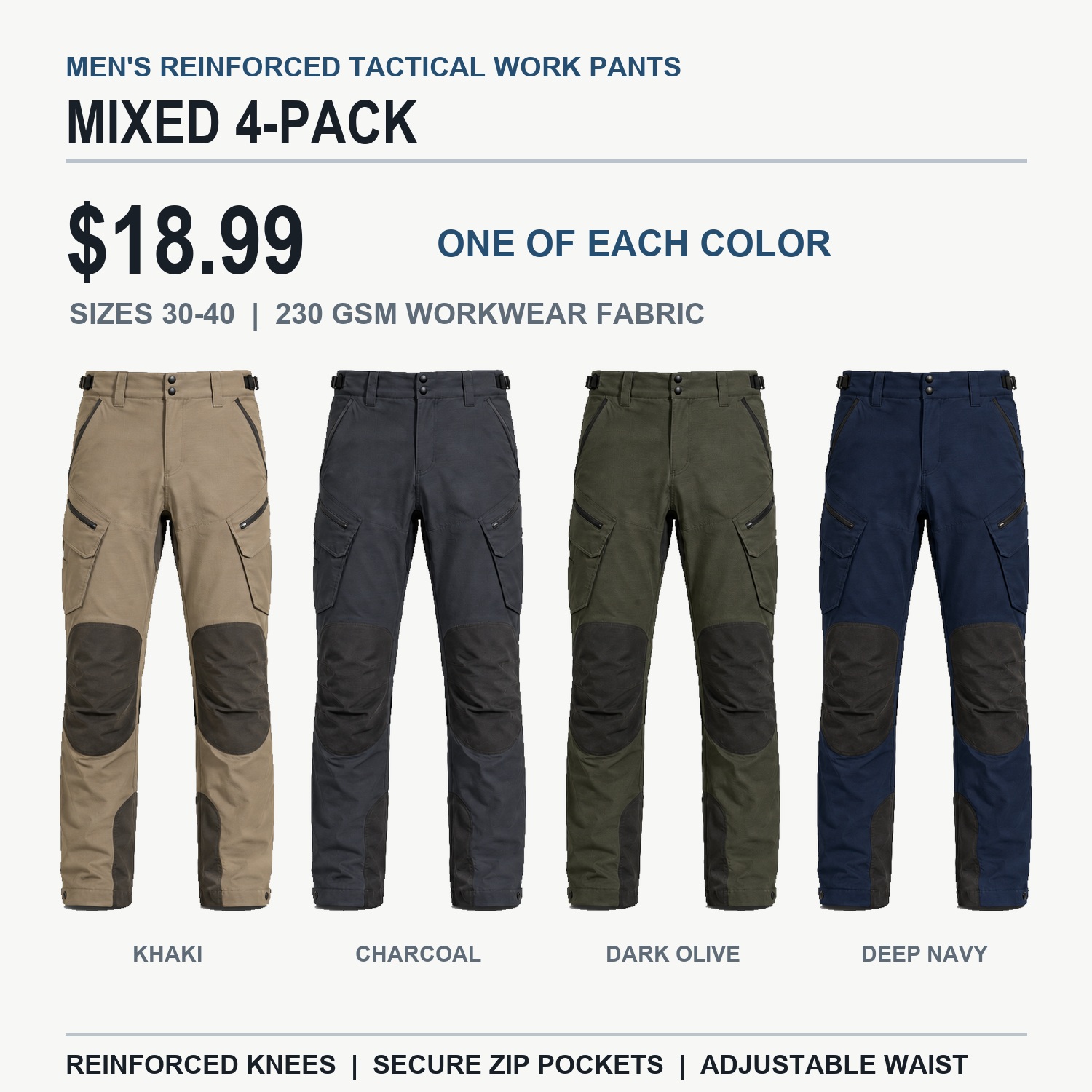 Mixed color tactical work pants 4-pack, one of each color