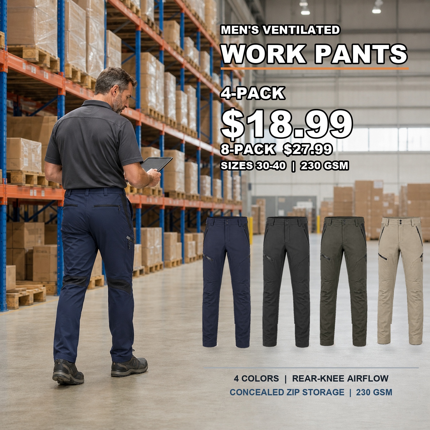 Men's ventilated work pants 4-pack and 8-pack warehouse cover