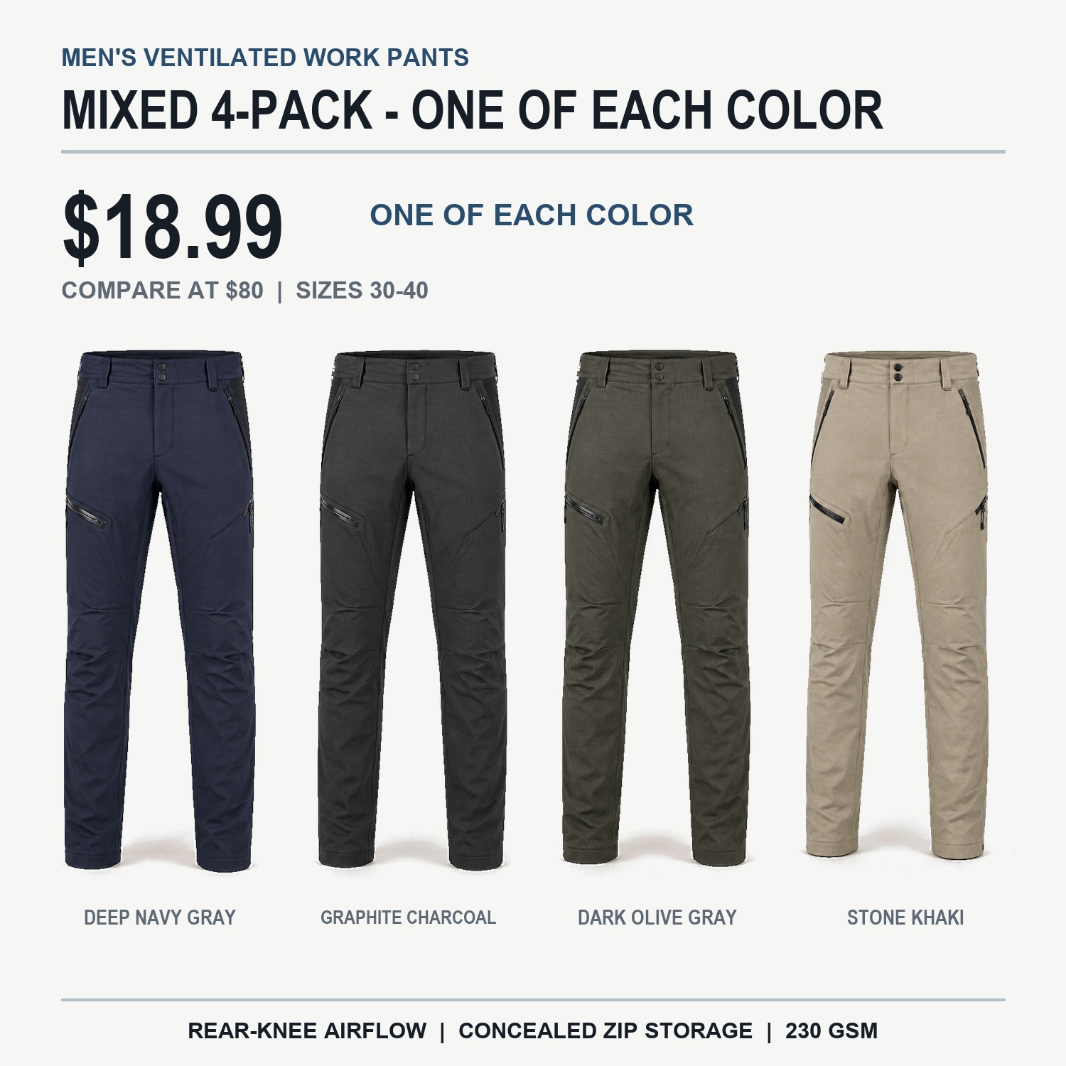 Mixed ventilated work pants 4-pack with one of each color