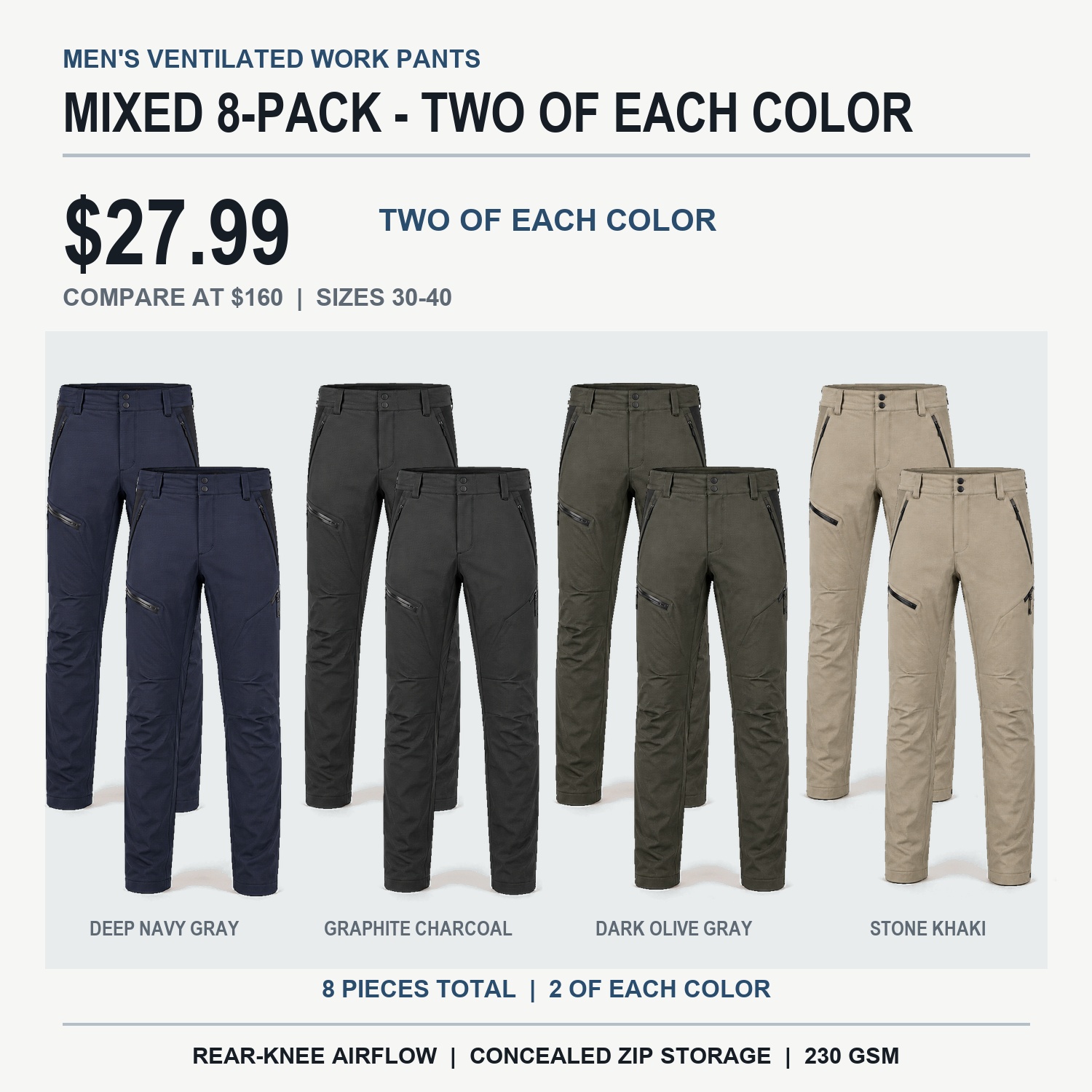 Mixed ventilated work pants 8-pack with two of each color
