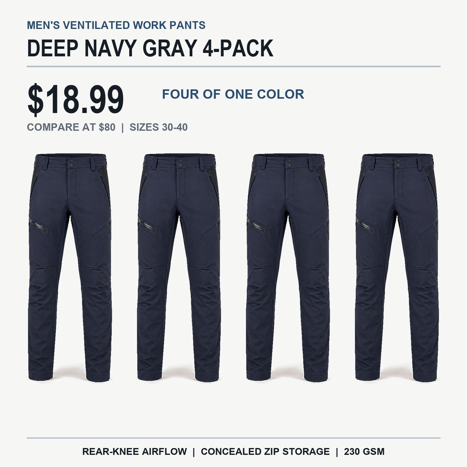 Deep Navy Gray ventilated work pants solid 4-pack