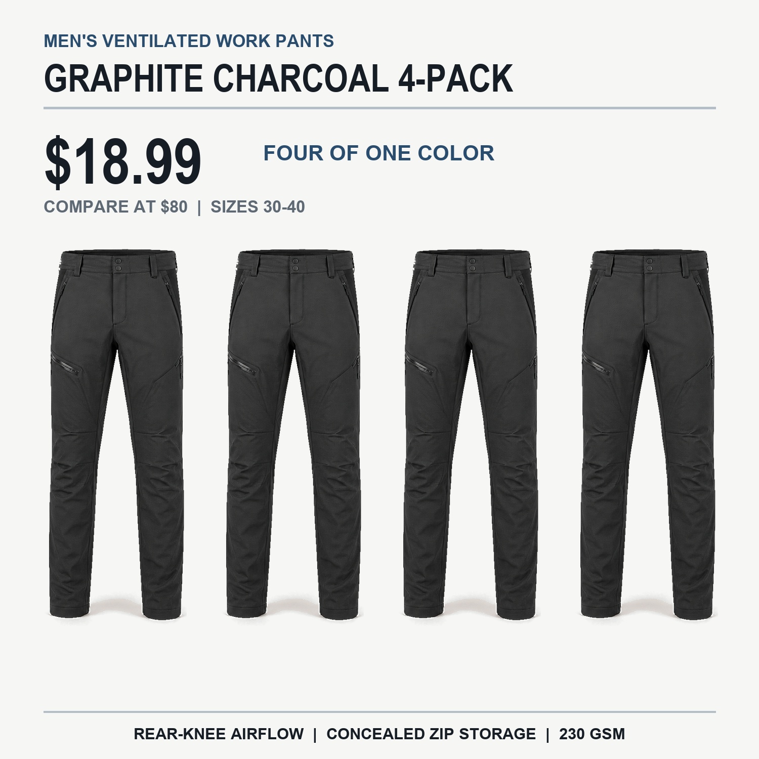 Graphite Charcoal ventilated work pants solid 4-pack