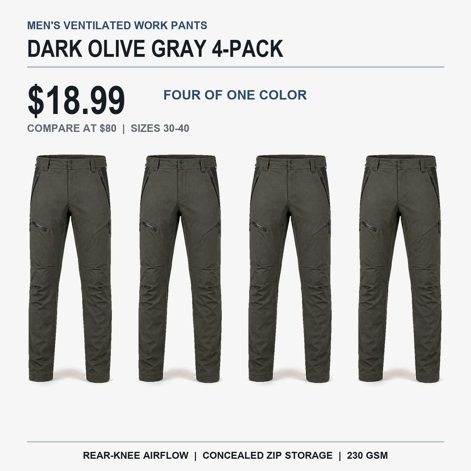 Dark Olive Gray ventilated work pants solid 4-pack