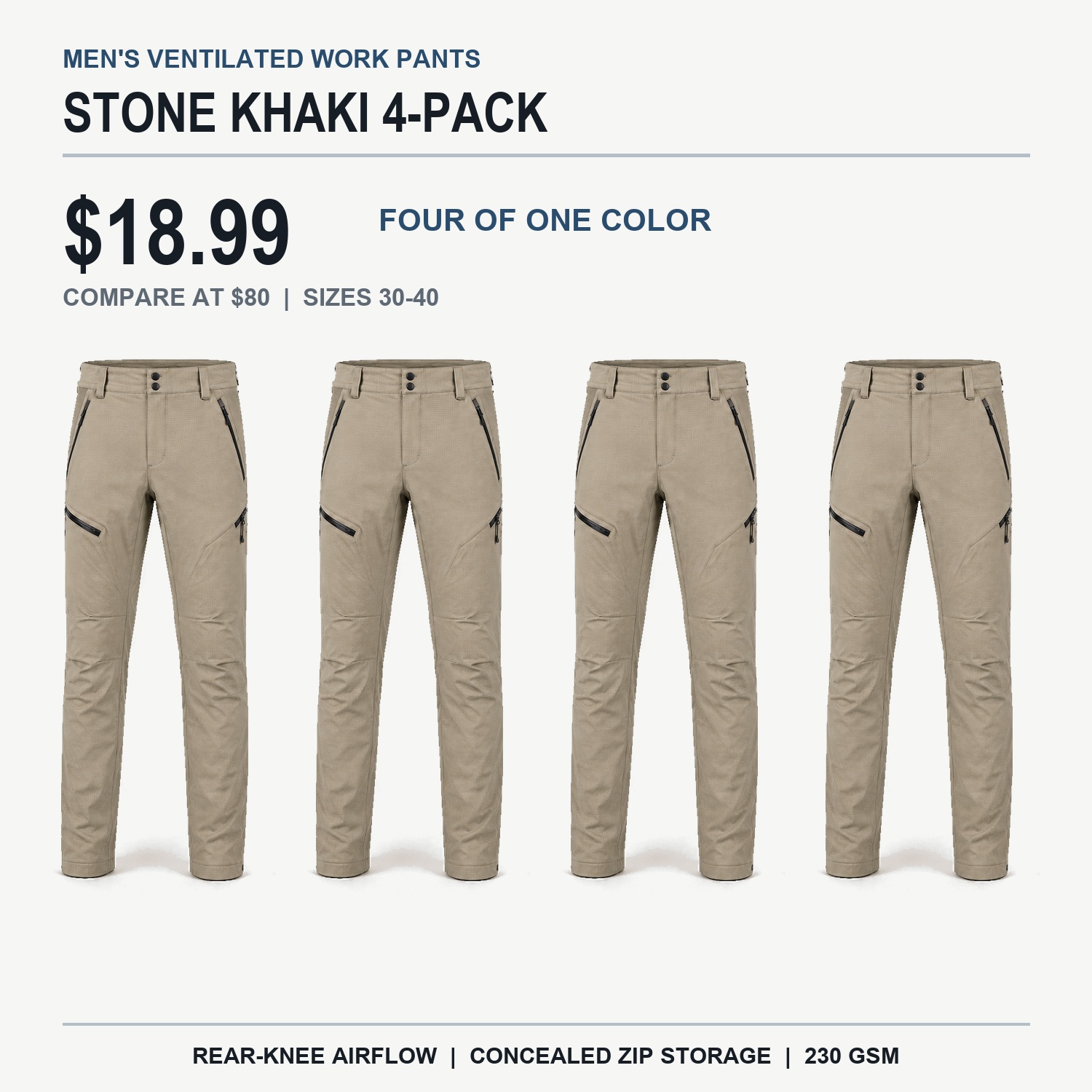 Stone Khaki ventilated work pants solid 4-pack