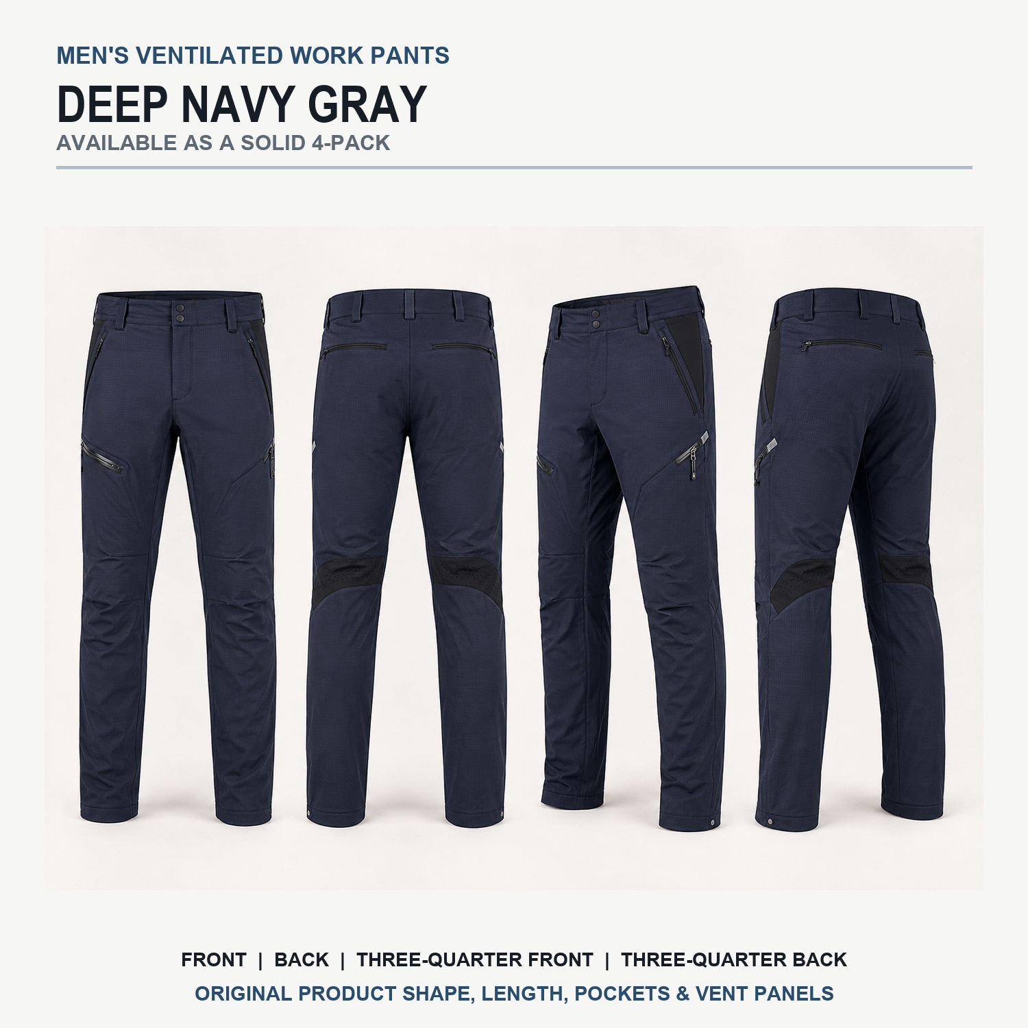 Deep Navy Gray ventilated work pants front back and side views