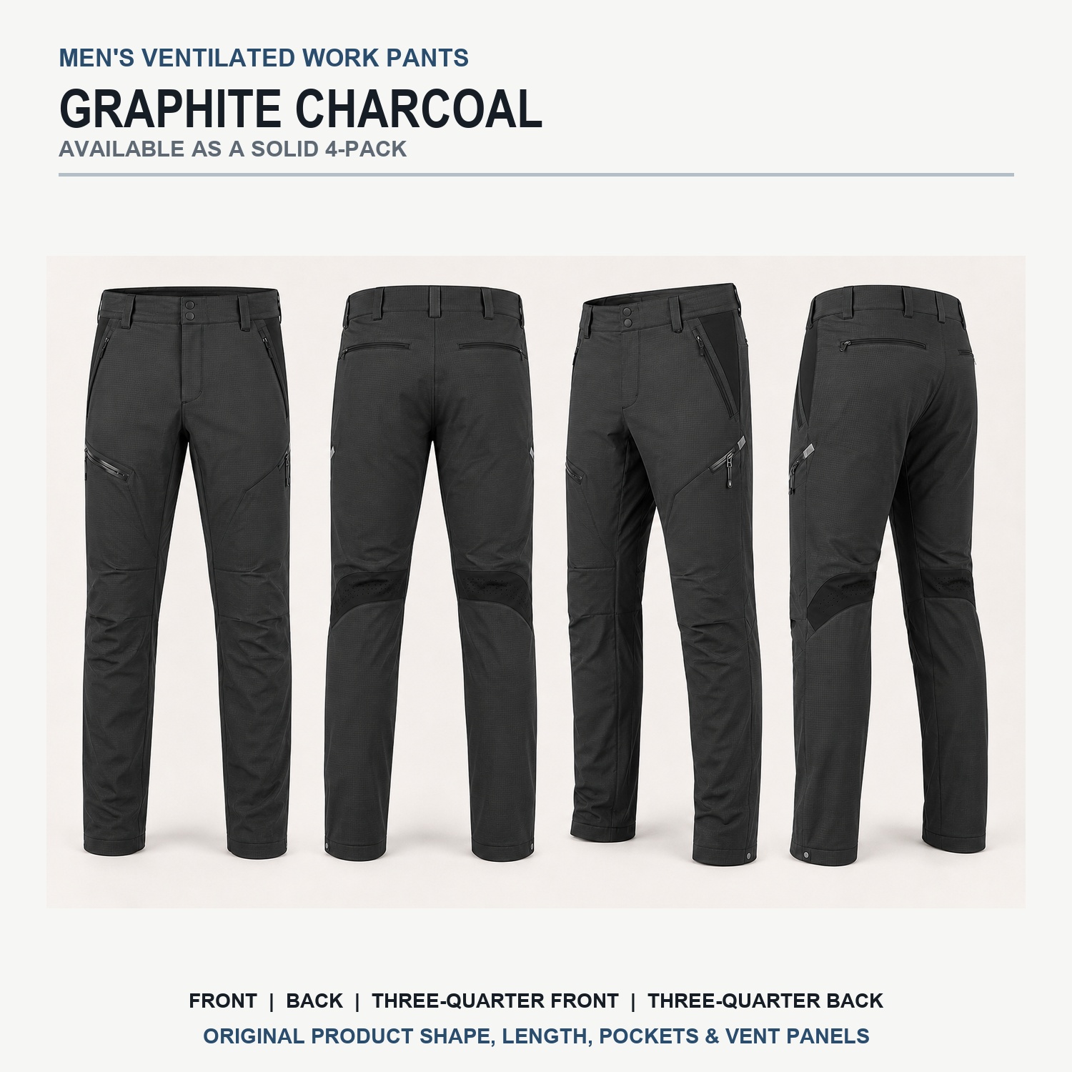 Graphite Charcoal ventilated work pants front back and side views