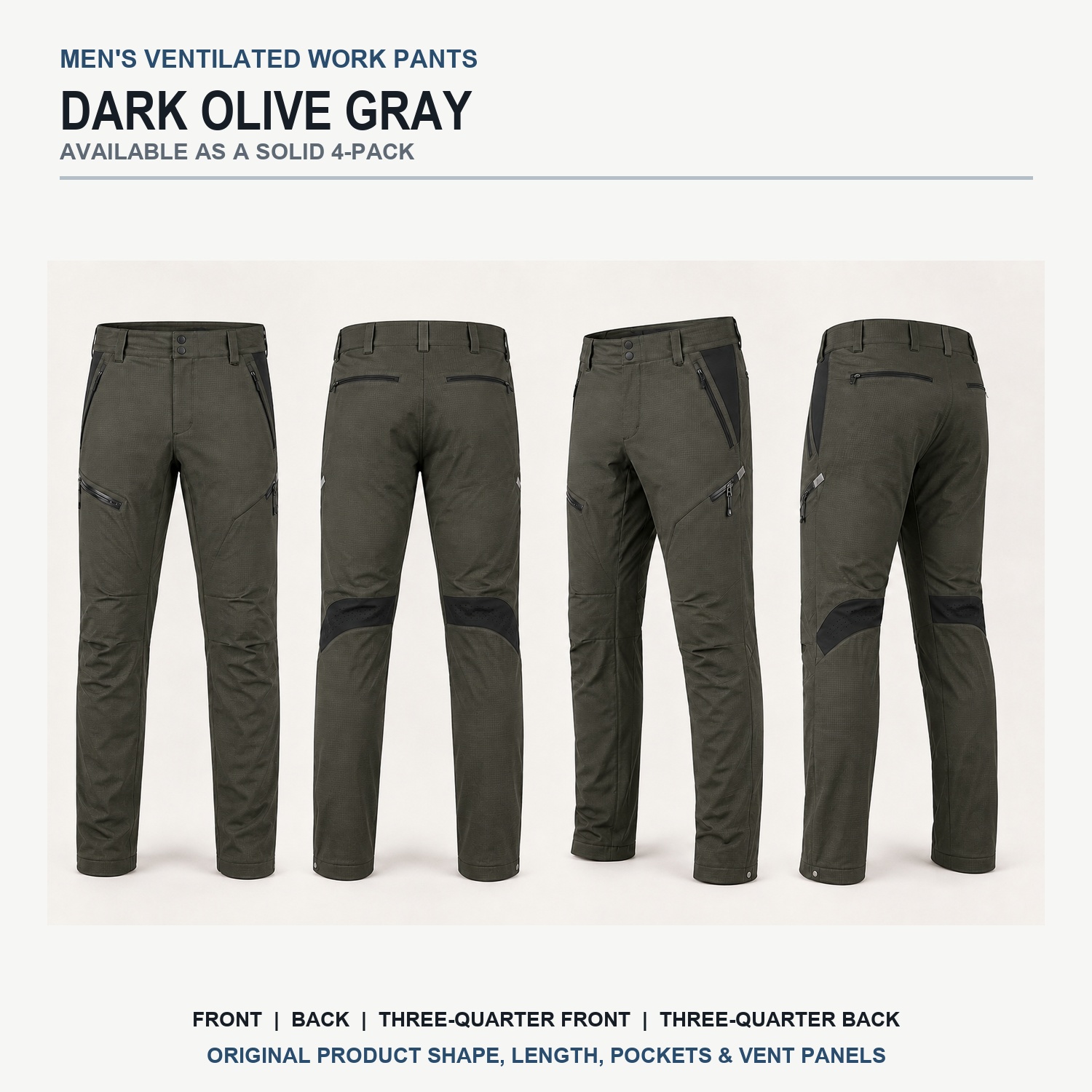 Dark Olive Gray ventilated work pants front back and side views