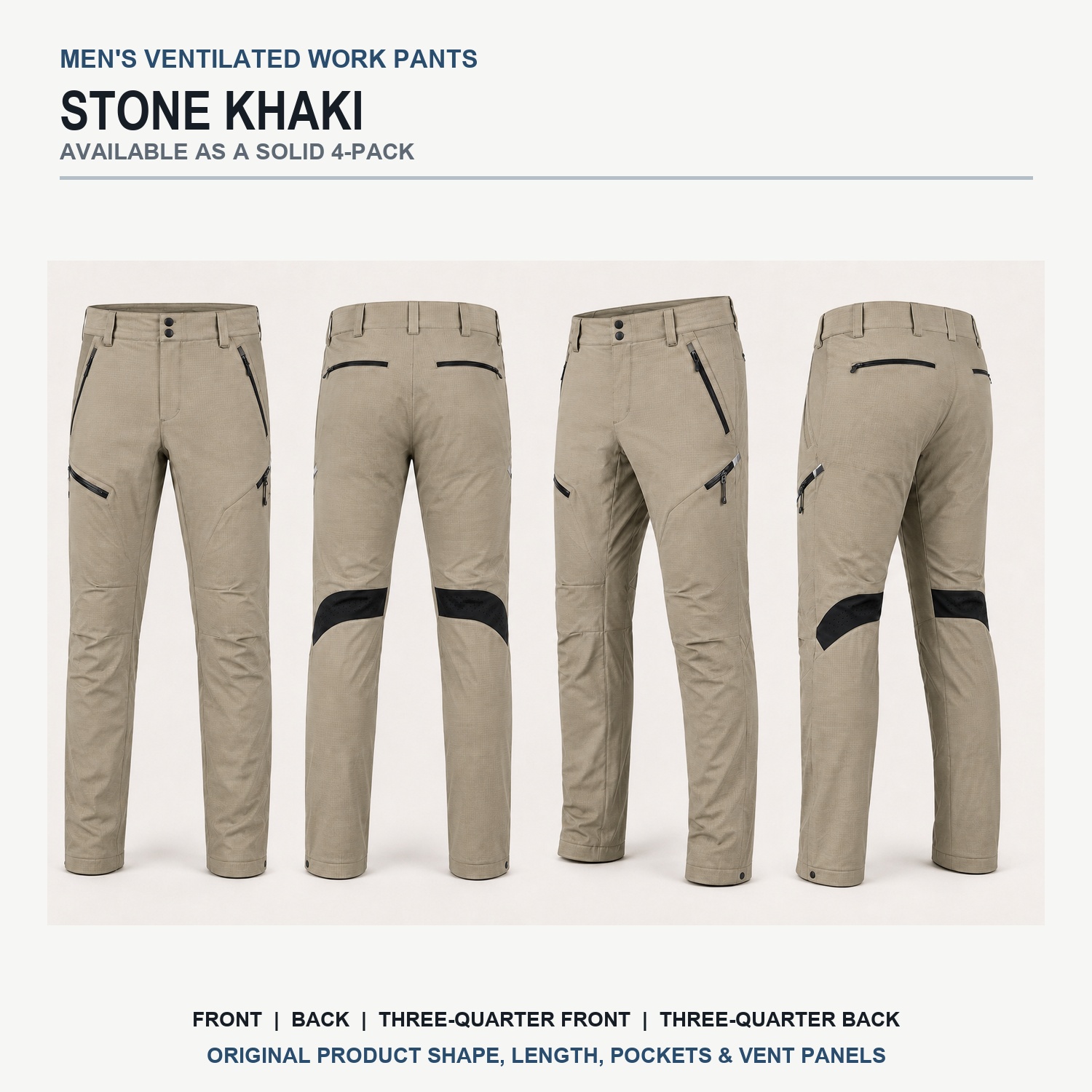 Stone Khaki ventilated work pants front back and side views