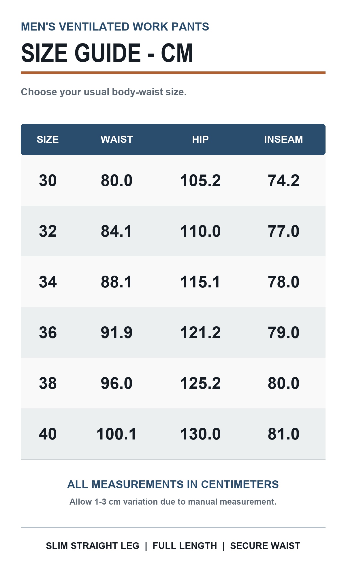 Men's ventilated work pants size guide in centimeters, sizes 30 through 40