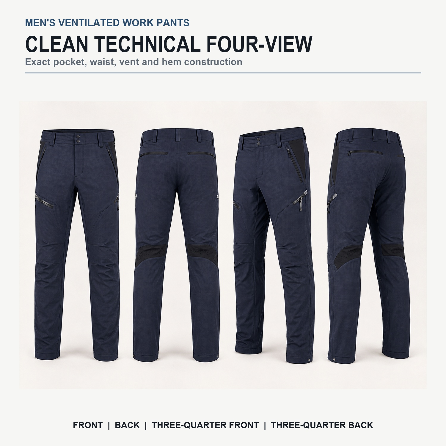 Ventilated work pants clean technical four-view construction
