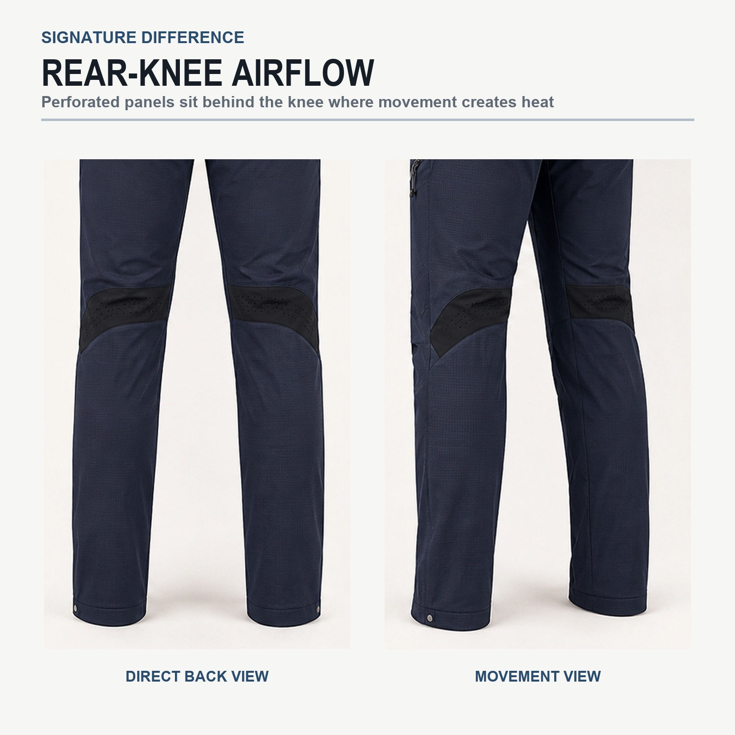 Rear-knee airflow panel movement views on ventilated work pants