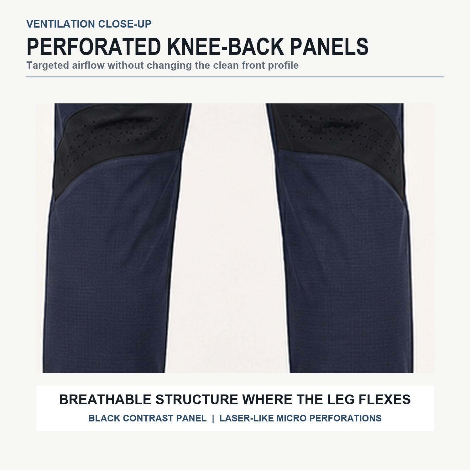 Perforated rear-knee ventilation panel close-up