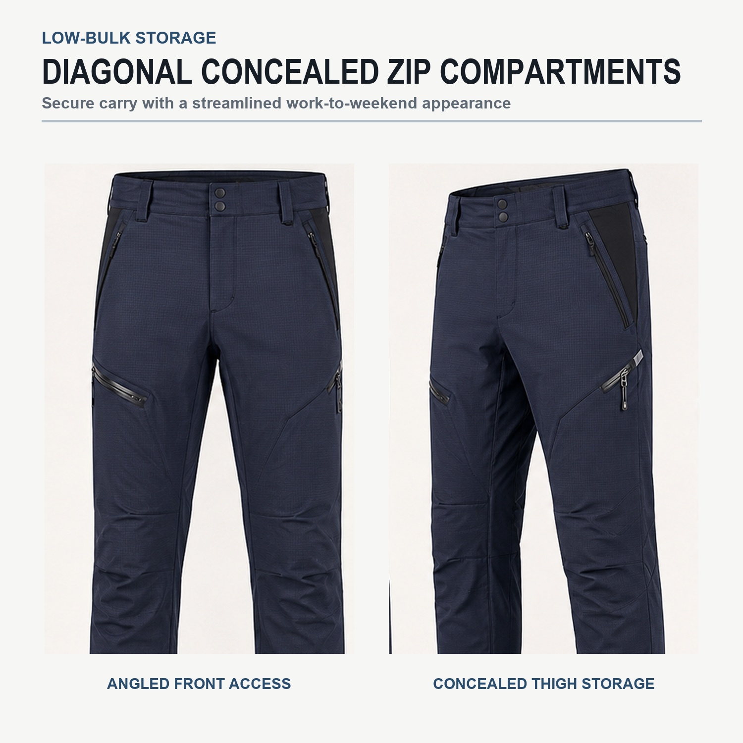 Diagonal concealed zipper utility storage compartments