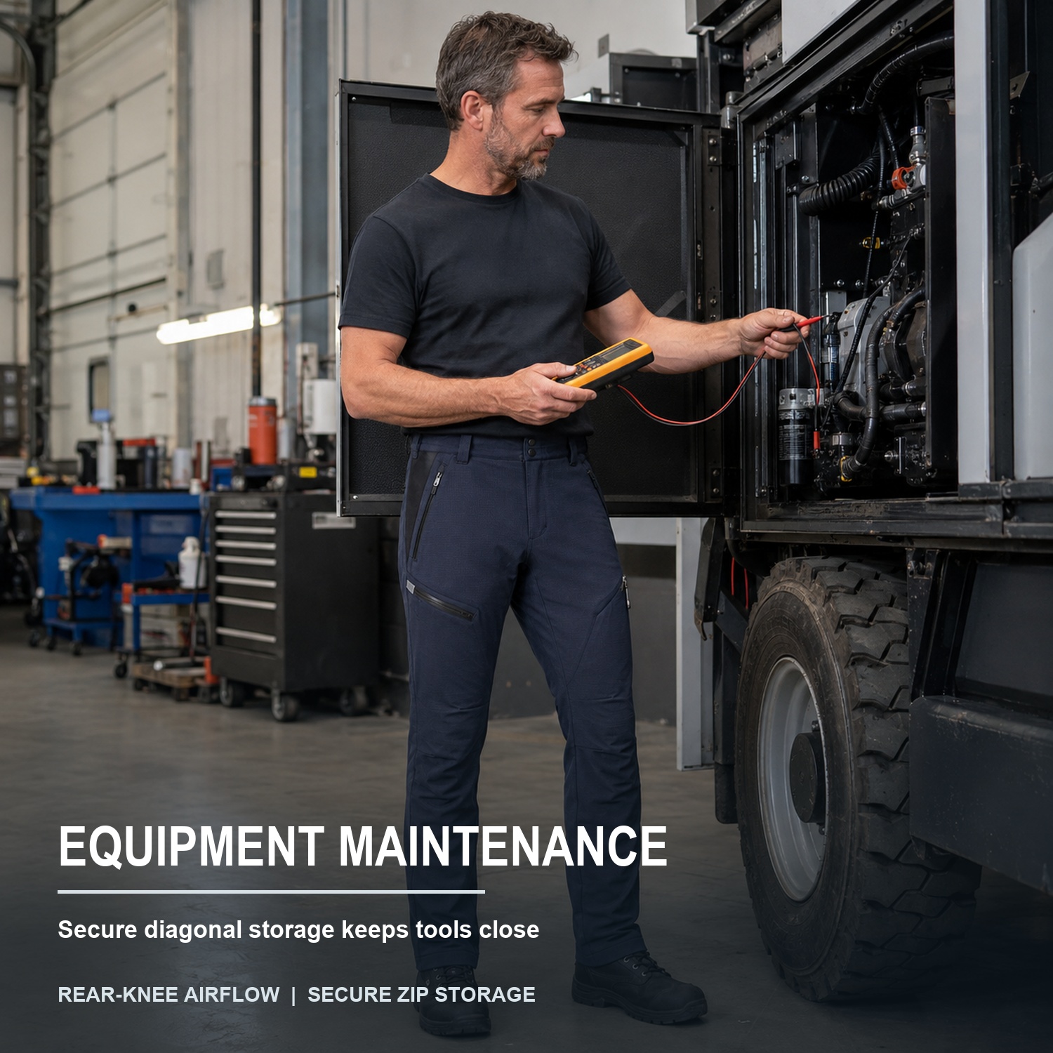 Ventilated work pants used for equipment maintenance