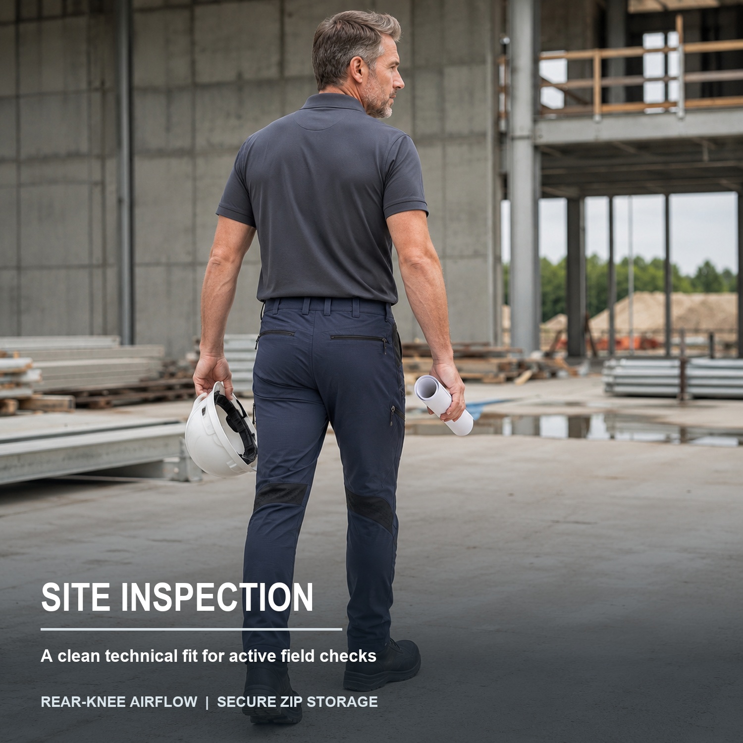 Ventilated work pants used for commercial site inspection
