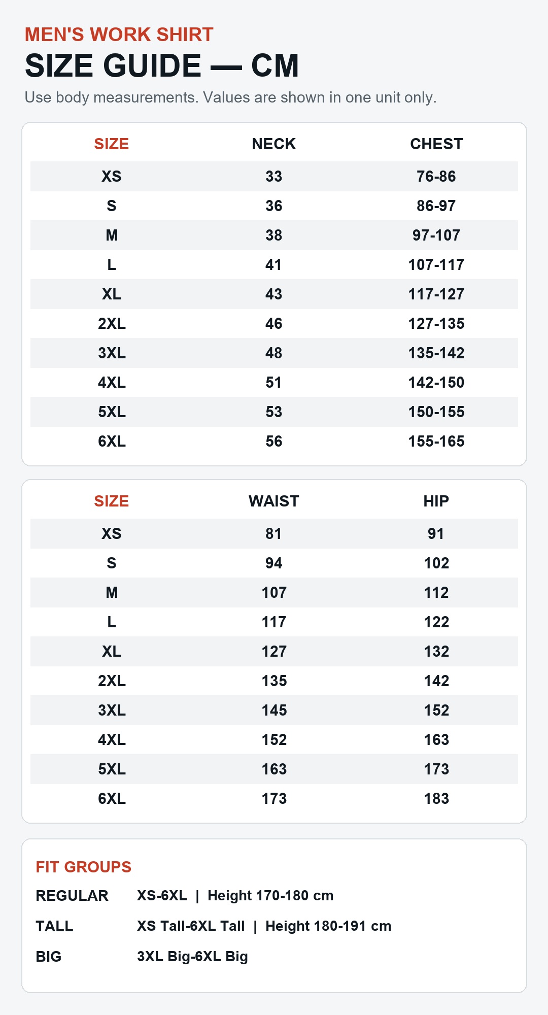 Men's work shirt body measurement size guide in centimeters